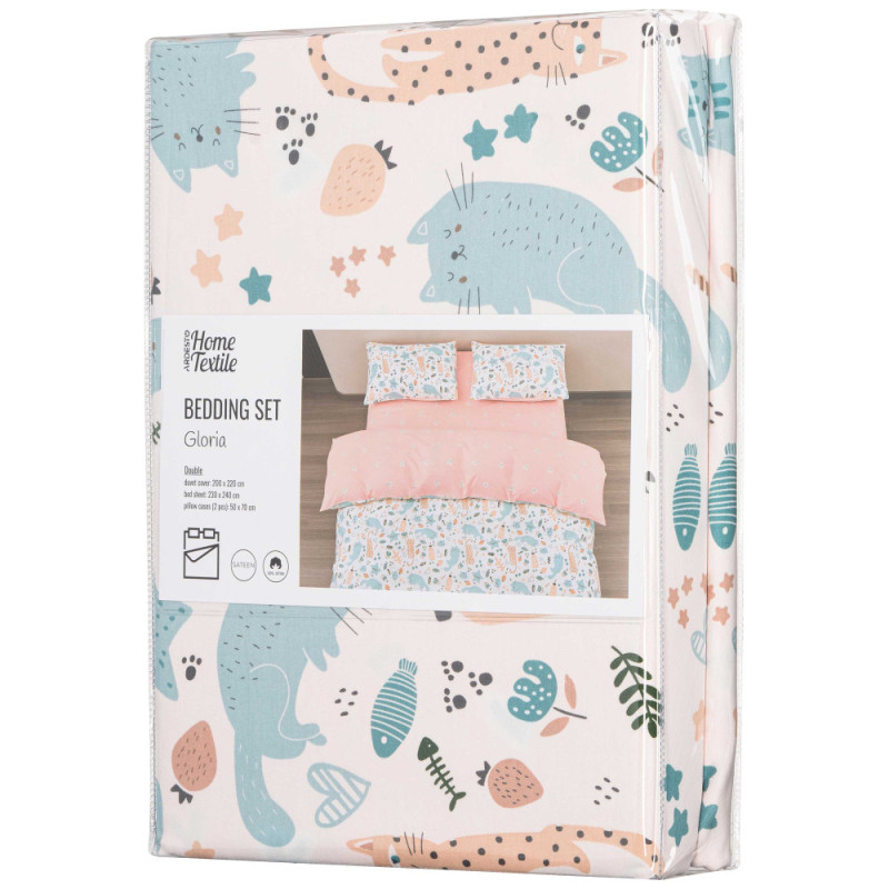 ARDESTO Bedding set 2.0 Gloria, sateen, duvet cover 200x220cm, bed sheet 230x240cm, pillowcases (2) 50x70cm, 100% cotton, cats light pink (ART2022CP)