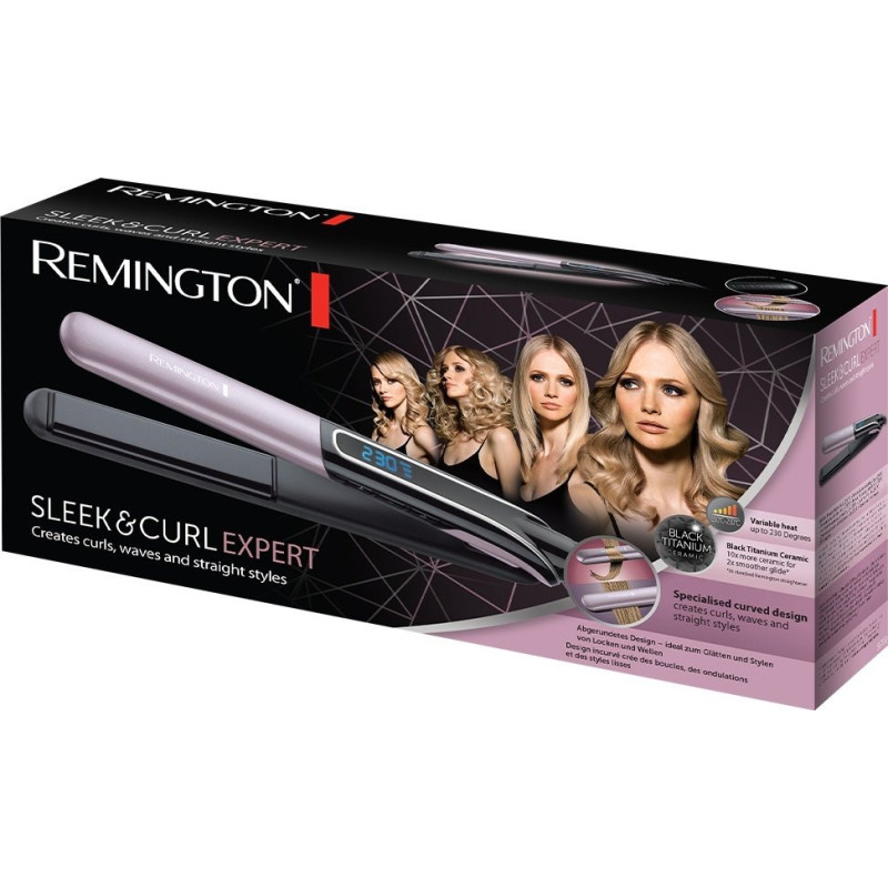 Remington hair straightener Sleek&Curl Expert, 45V, temp. modes-9, 150-230С, display, ceramics, titanium, black (S6700)