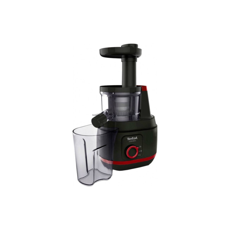 Tefal Соковыжималка Juiceo шнековая 150Вт, чаша-0.8л, жмых-0.8л, насадка для цитрусовых, пластик, черно-крассный (ZC150838)