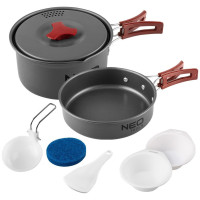Neo Tools Tourist cookware set, 7in1, saucepan, frying pan, 2 plates, ladle, spatula, sponge, LFGB certificate, 0.42kg (63-146)