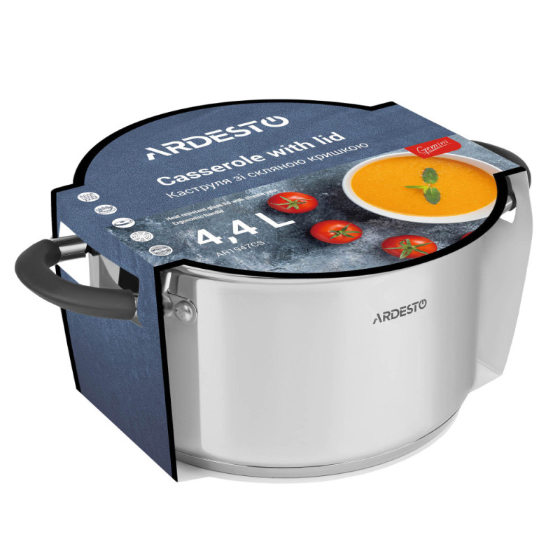 ARDESTO Casserole with glass lid Gemini Salerno, 4.4l, stainless steel, silicone (AR1947CS)