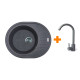 Adamant Kitchen sink Ovum, artificial stone, oval, with drainboard, 615х495х200mm, bowl - 1, over-mounted, grey + mixer (1824296910404)
