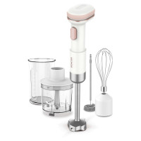 Sencor Блендер заглибний Pulse, 180Вт, 4в1, чаша-700мл, безпровідний, USB-C, капучинатор, біло-рожевий (SHB9130WH)