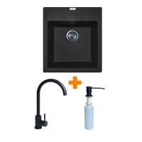 Adamant Kitchen set Brick, artificial stone, square, no drainboard, 460x515x200mm, bowl - 1, over-mounted, black + mixer and dispenser (4824296209703)