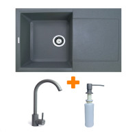 Adamant Kitchen set Horizon, artificial stone, rectang., with drainboard, 780х495х230mm, bowl - 1, over-mounted, grey + mixer and dispenser (1824296901504)