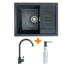 Adamant Kitchen set Anila, artificial stone, rectang., with drainboard, 645х495х200mm, bowl - 1, over-mounted, graphite + mixer and dispenser (182496900313)