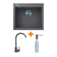 Adamant Набор кухонный Univer, искуственный камень, квадрат, без крыла, 560х500х200мм, чаша - 1, врезная, серый + смеситель и дозатор (4824296902104)