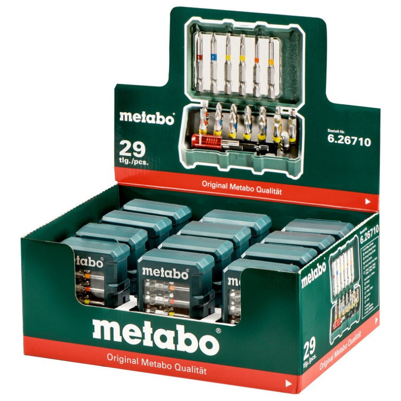 Metabo BitBox bits, set of 29 pcs, 1/4 , magnetic bit holder, adapter, SL,PH,PZ,H,T, S2 steel, case (626710000)