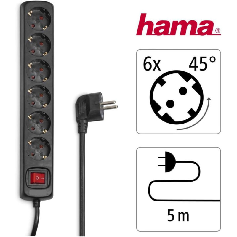 HAMA Фільтр-подовжувач мережевий 6хТип F, 3х1.5мм2, 16А, 5м, черный (00137266)