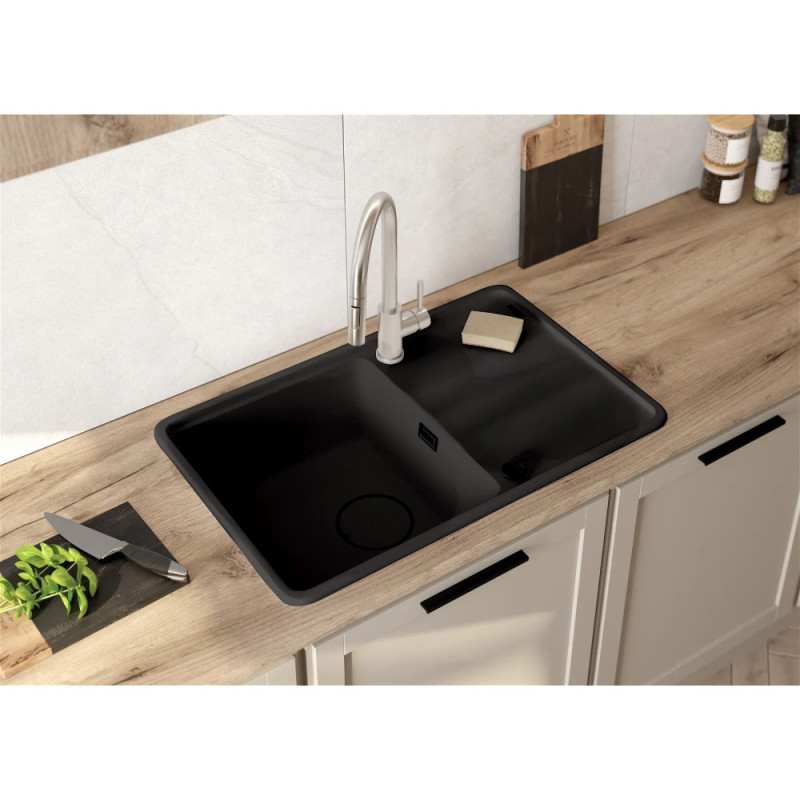 Deante Kitchen Sink granite, rectang., with drainboard, 780х500х230mm, bowl - 1, over-mounted, black matt + kitchen board (ZKM_N113)