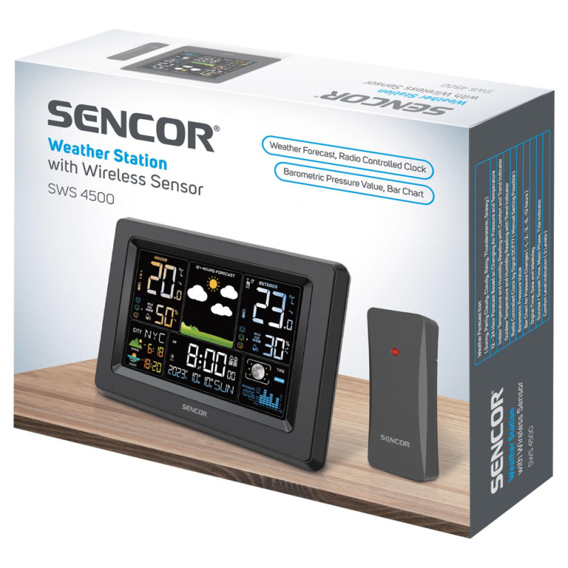 Sencor Метеостанция, внутр/наруж измерение, от сети/AAх3+AAx2, темп-ра, влажность, время, прогноз погоды, чёрный (SWS4500)