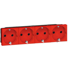 Legrand Mosaic socket outlet, 4xSchuko, 16A, 250V, 45° angle, mechanical locking, automatic terminal, 8 modules, red (077283)