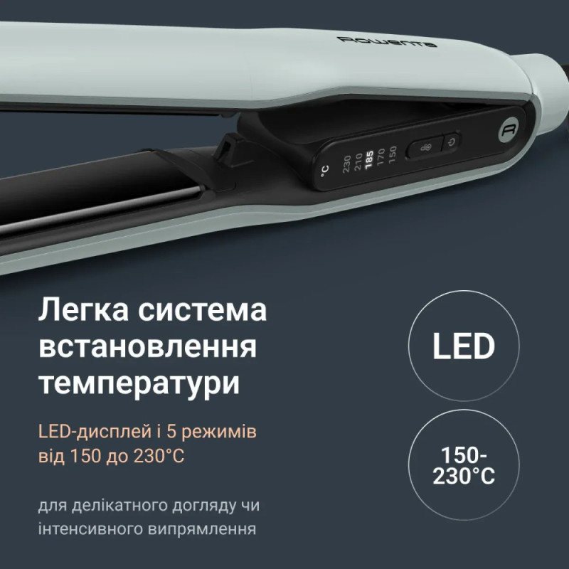 Rowenta hair straightener Thermoglide, temp. modes-5, 150-230С, display, ionization, glass ceramics, green (SF5120E0)
