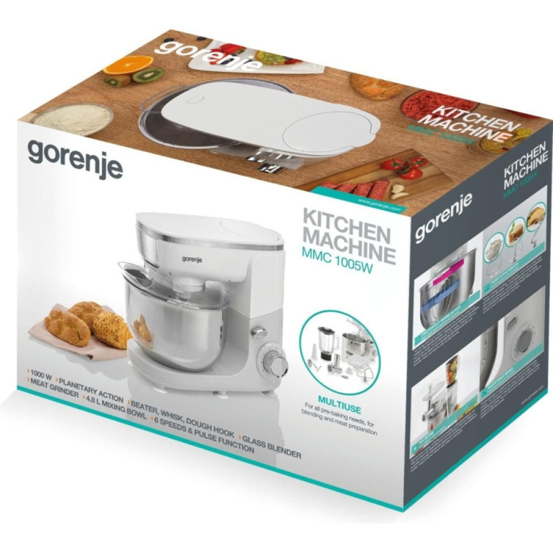 Gorenje Кухонная машина, 1000Вт, чаша-металл, корпус-пластик+металл, насадок-6, белый (MMC1005W)