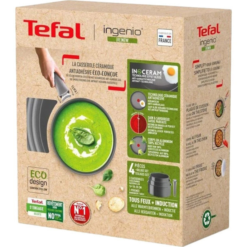 Tefal Ingenio Renew cookware set, 4 pcs., aluminum, stainless steel, bakelite, gray (L2609402)
