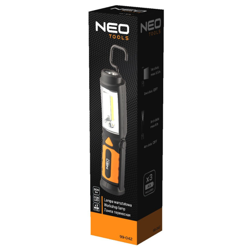 Neo Tools Ліхтар інспекційний на батарейках, AAх3, 300лм, 3Вт, 2в1, гачок 360°, магніт (99-042)