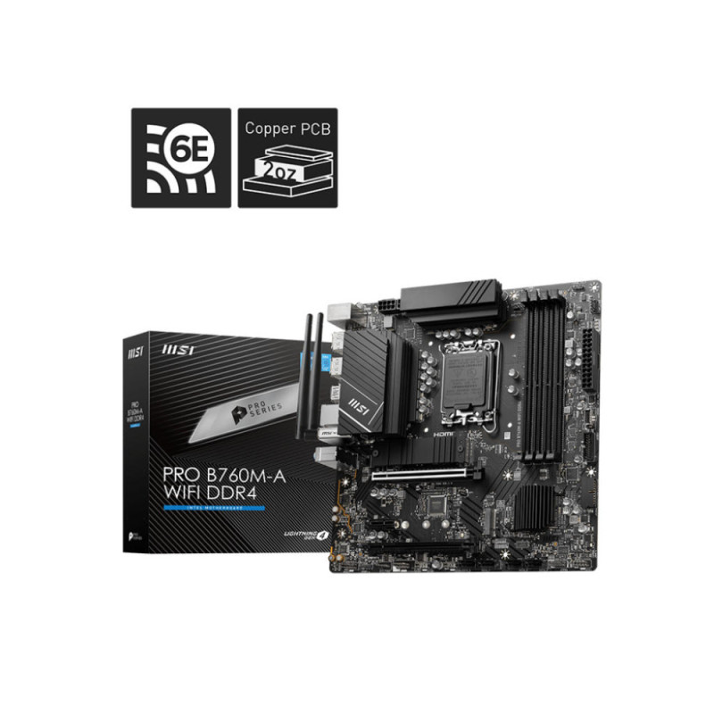 MSI Материнcкая плата PRO B760M-A WIFI DDR4 s1700 B760 4xDDR4 M.2 HDMI DP WiFi BT mATX (911-7D99-055)