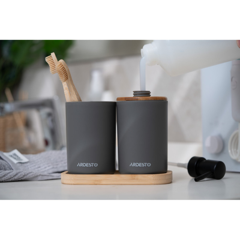 ARDESTO Набір для ванної кімнати Minimalism 360мл, 3 предмети, поліпропілен, бамбук, сірий темний (ARHB3110GB)