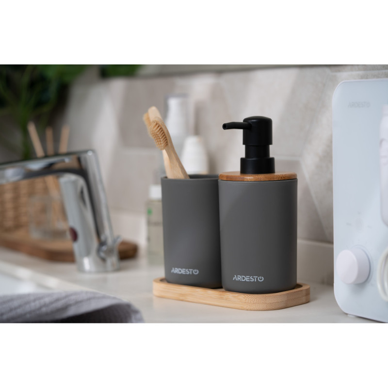 ARDESTO Набір для ванної кімнати Minimalism 360мл, 3 предмети, поліпропілен, бамбук, сірий темний (ARHB3110GB)