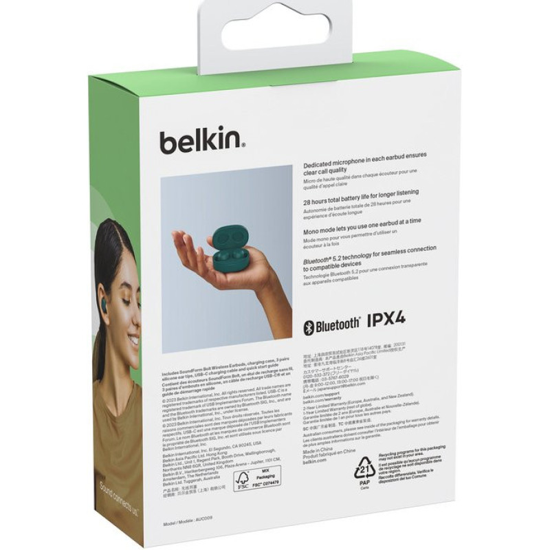 Belkin Наушники TWS Soundform Bolt True Wireless, бирюзовый (AUC009BTTE)