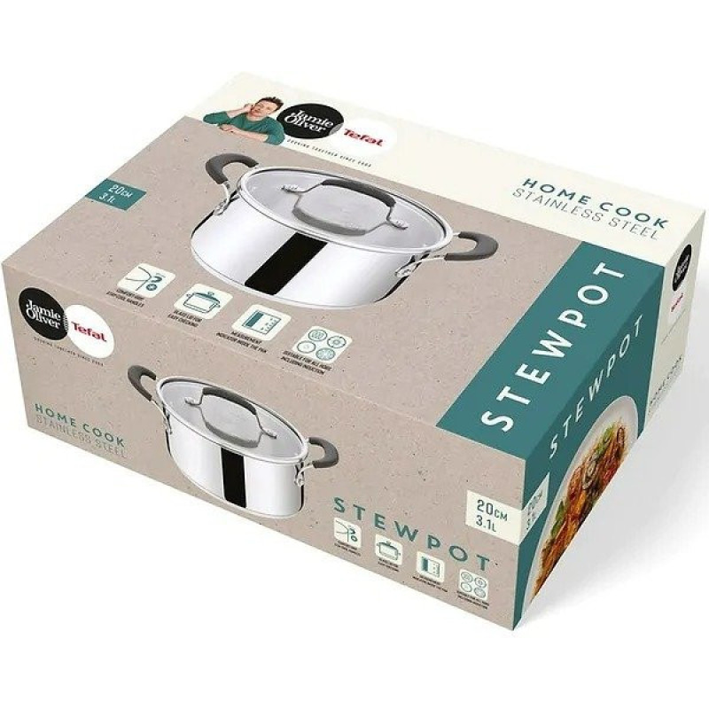 Tefal Pot with lid, Jamie Oliver Home Cook, 3.1 l, 20 cm, stainless steel (E3184455)