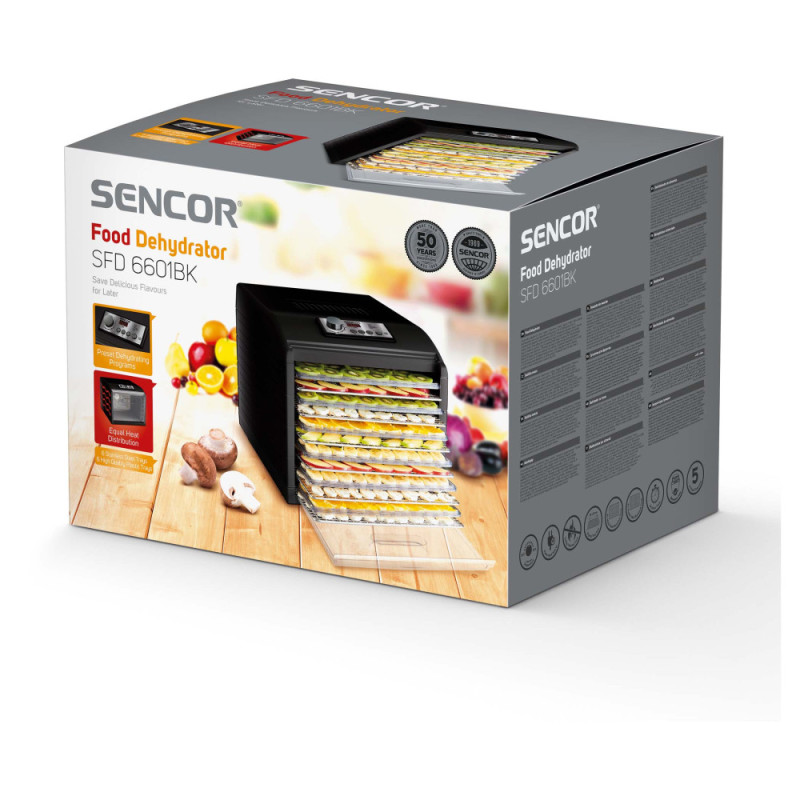 Sencor Сушарка для продуктів, 500Вт, поддонов -2x33см, диаметр-33см, макс-70°С, сітка для ягід в компл., алюміній, пластик, чорний (SFD6601BK)