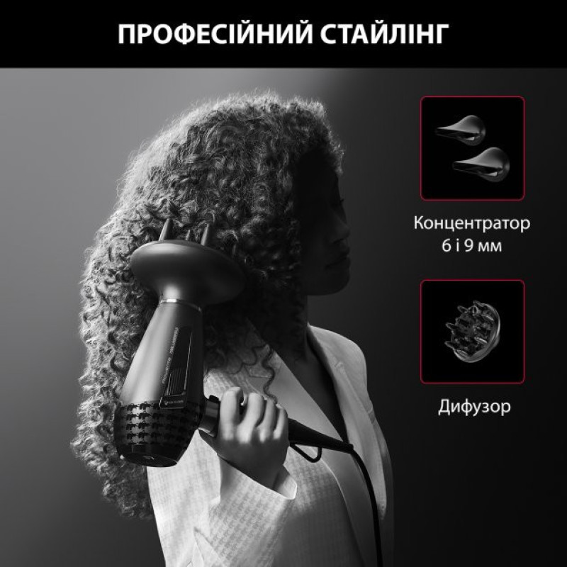 Rowenta Фен x Karl Lagerfeld K/Pro Stylist, 2200Вт, режимов-3, иониз-я, дифузор, 2 концентратора, хол. обдув, черный (CV888LF0)
