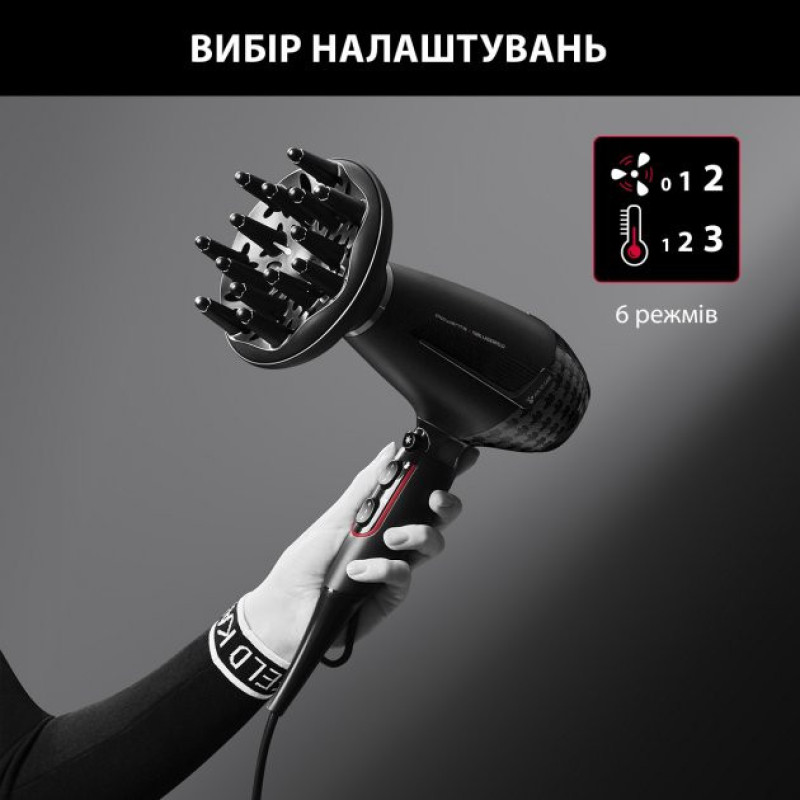Rowenta Фен x Karl Lagerfeld K/Pro Stylist, 2200Вт, режимов-3, иониз-я, дифузор, 2 концентратора, хол. обдув, черный (CV888LF0)
