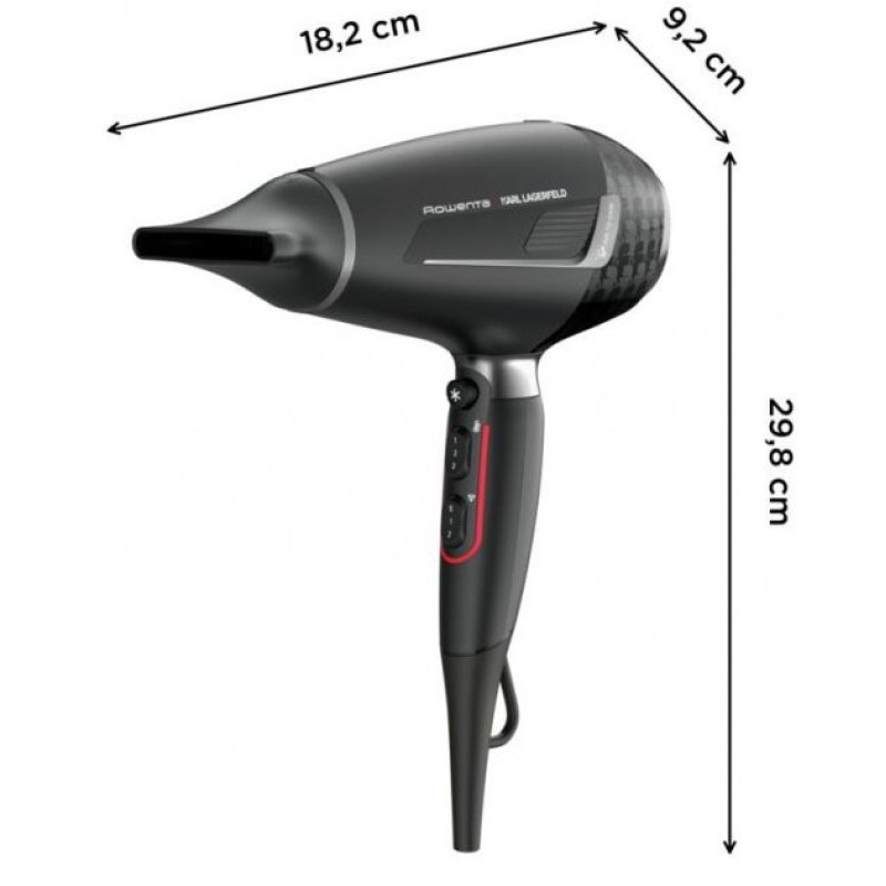 Rowenta Фен x Karl Lagerfeld K/Pro Stylist, 2200Вт, режимов-3, иониз-я, дифузор, 2 концентратора, хол. обдув, черный (CV888LF0)
