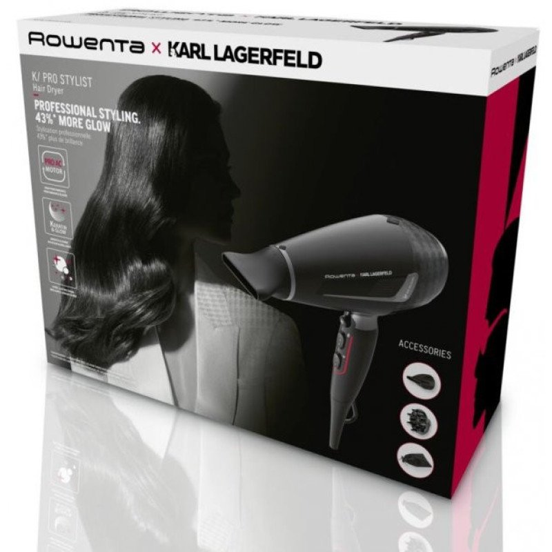 Rowenta Фен x Karl Lagerfeld K/Pro Stylist, 2200Вт, режимов-3, иониз-я, дифузор, 2 концентратора, хол. обдув, черный (CV888LF0)