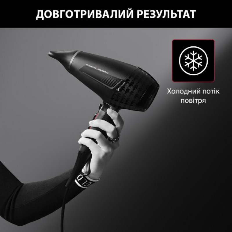 Rowenta Фен x Karl Lagerfeld K/Pro Stylist, 2200Вт, режимов-3, иониз-я, дифузор, 2 концентратора, хол. обдув, черный (CV888LF0)