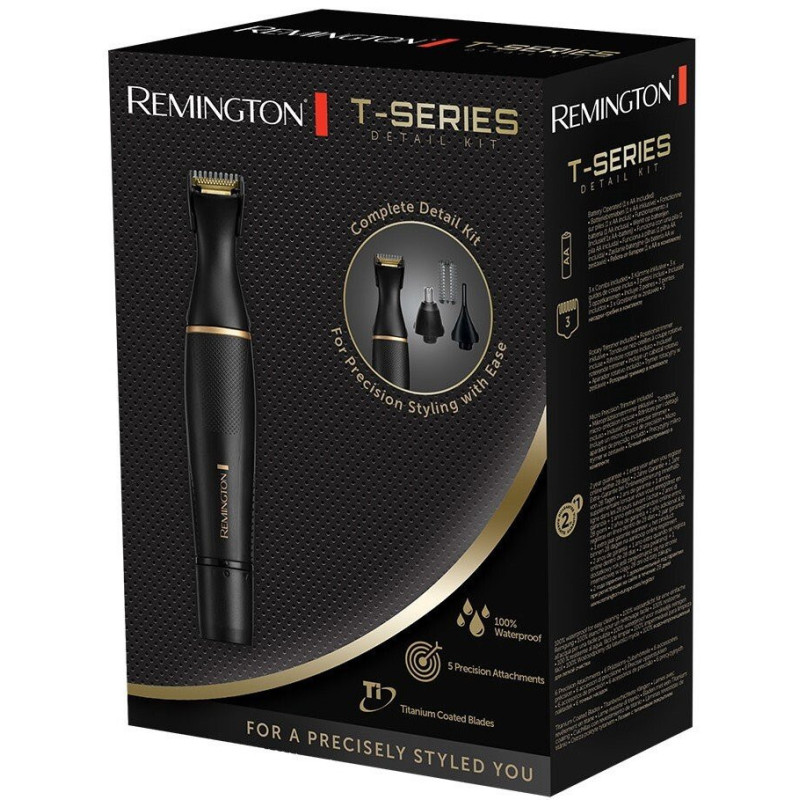Remington Триммер T-Series для бороды, усов, окантовки,бровей, носа и ушей, ААх1, вибрационный мотор, насадок-4, сталь, черн. (NE7000)