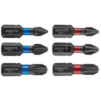 Graphite Impact bits, set 6pcs, 1/4 , PH1/2/3x25mm, PZ1/2/3x25mm, S2 steel (56H540)
