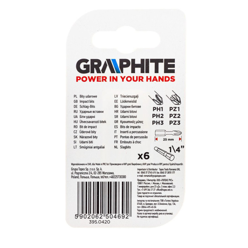Graphite Impact bits, set 6pcs, 1/4 , PH1/2/3x25mm, PZ1/2/3x25mm, S2 steel (56H540)