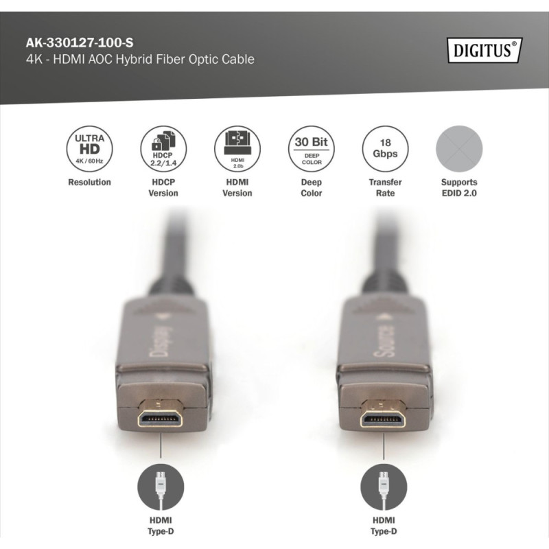 Digitus Кабель DIGITUS HDMI (M/M), 4K, AOC, 10м, чорний (AK-330127-100-S)