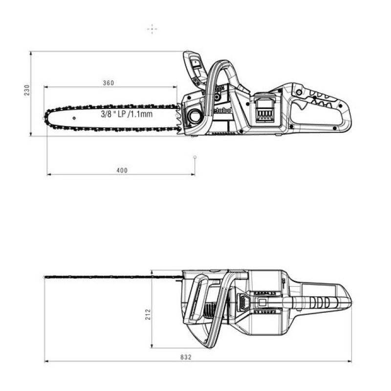 Metabo Cordless Chain Saw MS 36-18 LTX BL 40, 40cm, Li-Power / LiHD 18V, 22m/sec, tooth 3/8  LP, 3.2 кг (601613850)