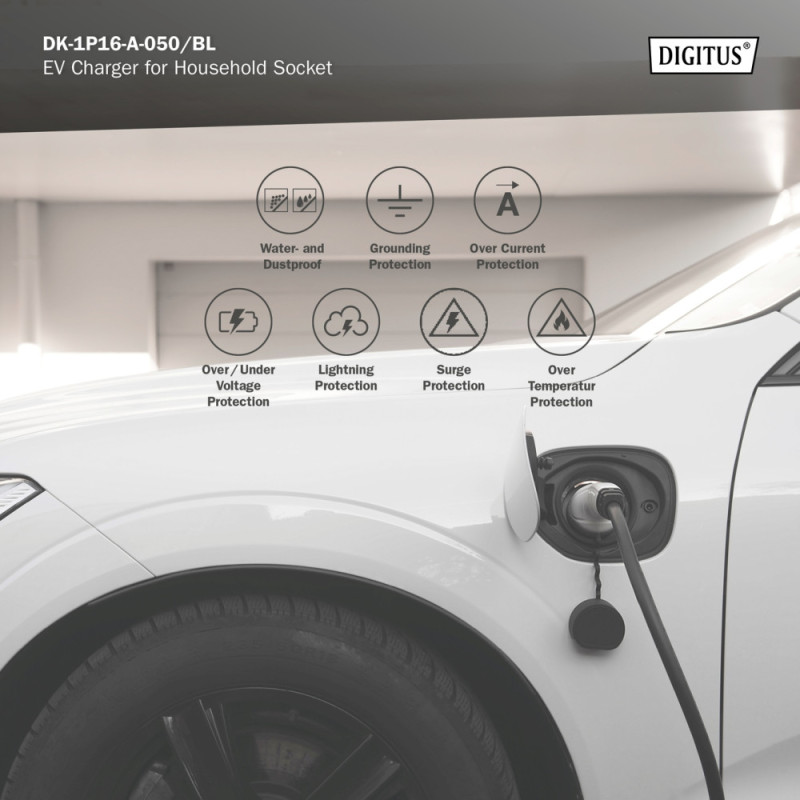 Digitus EV charger, 5m, 230 V, Type F 7/4 to EV Type 2, Adjustable charging power:1,8; 2,3 ; 2,8; 3,7 kW (DK-1P16-A-050-BL)