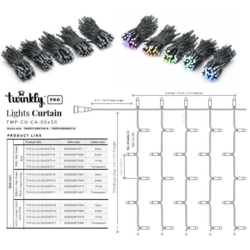 Twinkly Pro Smart LED Twinkly Pro Curtain RGB 250, AWG22, 5 by 50, 8cm by 10cm spacing, IP65, wire black (TWP-CU-CA-05X50STP-B)
