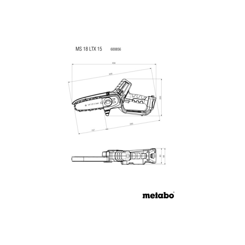 Metabo Пила ланцюгова акумуляторна MS 18 LTX 15 18В 1х2А·год шина 15см 5м/сек 2кг (600856500) Metabo Пила ланцюгова акумуляторна MS 18 LTX 15 18В 1х2А·год шина 15см 5м/сек 2кг (600856500)
