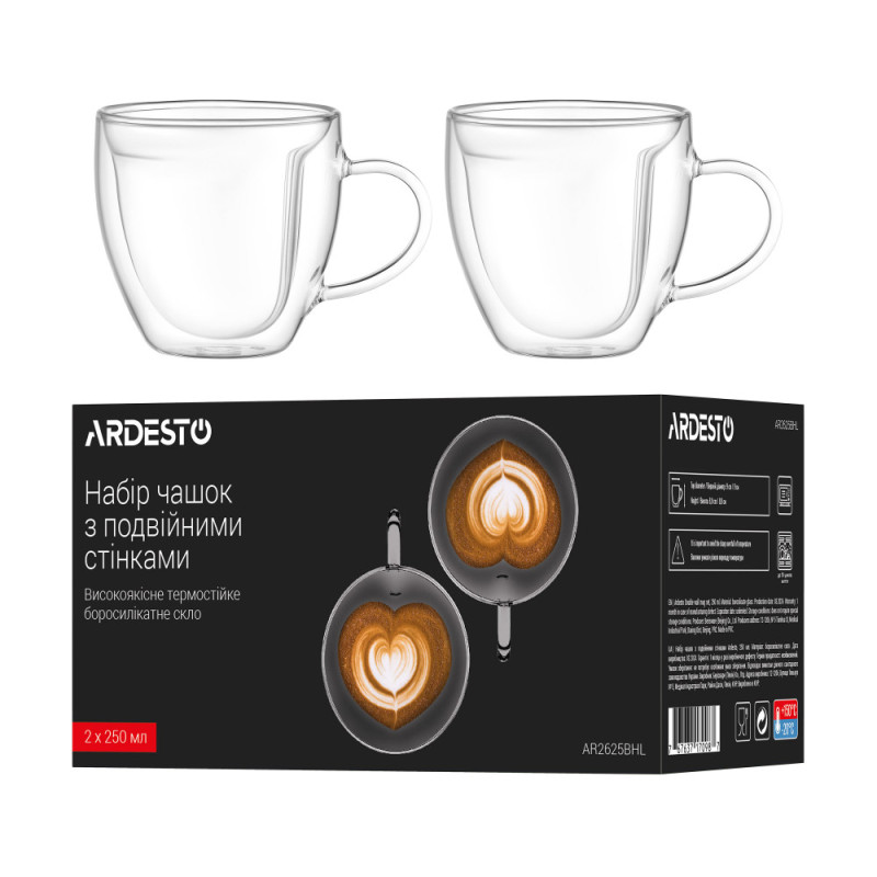 ARDESTO Double wall mug set with handle, 250ml, 2pcs, borosilicate glass, transparent (AR2625BHL)