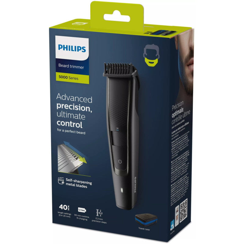Philips Триммер Beardtrimmer series 5000 для бороды и усов, сеть+акум., насадок-2, чехол, сталь, черный (BT5515/70)