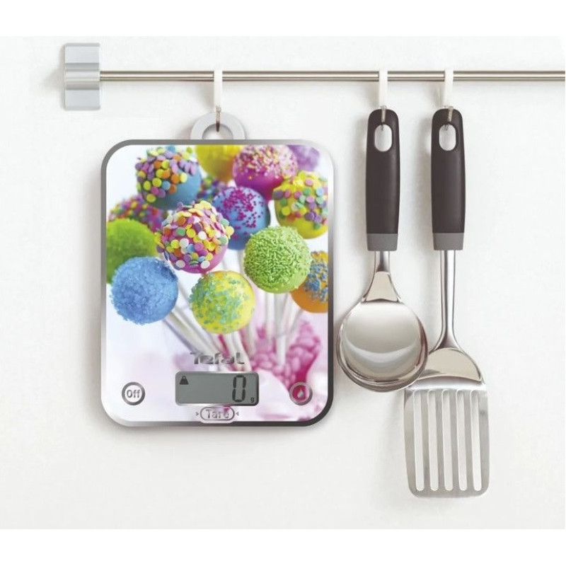Tefal scales for kitchen Optiss Cake 5кг, AAAx2 included, glass, colorful (BC5121V1)