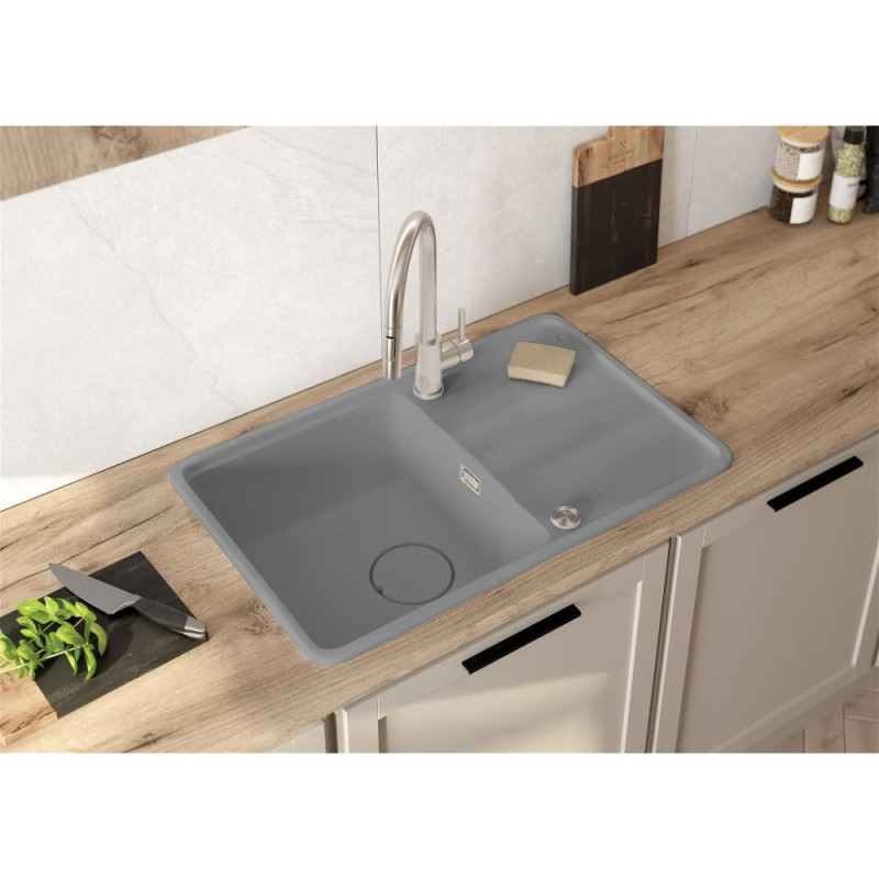 Deante Kitchen Sink granite, rectang., with drainboard, 780х500х230mm, bowl - 1, over-mounted, grey + kitchen board (ZKM_S113)