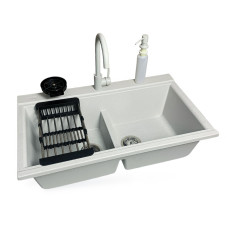 Adamant Kitchen set Similar, artificial stone, rectang., no drainboard, 885x505x230mm, bowl - 2, over-mounted, Old stone + mixer + dispenser + glass rinser + colander (4824296106510)