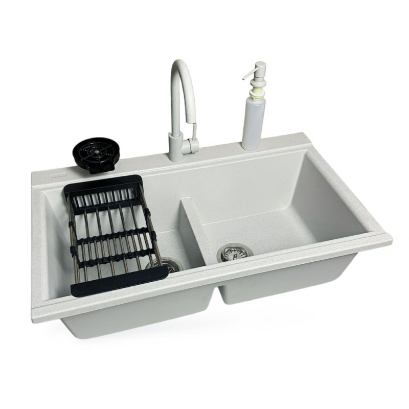 Adamant Kitchen set Similar, artificial stone, rectang., no drainboard, 885x505x230mm, bowl - 2, over-mounted, Old stone + mixer + dispenser + glass rinser + colander (4824296106510)