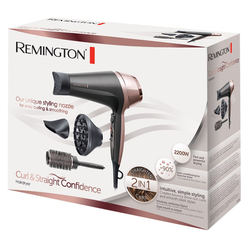 Remington hair dryer Curl&Straight Confidence, 3W, 3 modes, diffuser, ionization, cold blowing,case, black (D5706)
