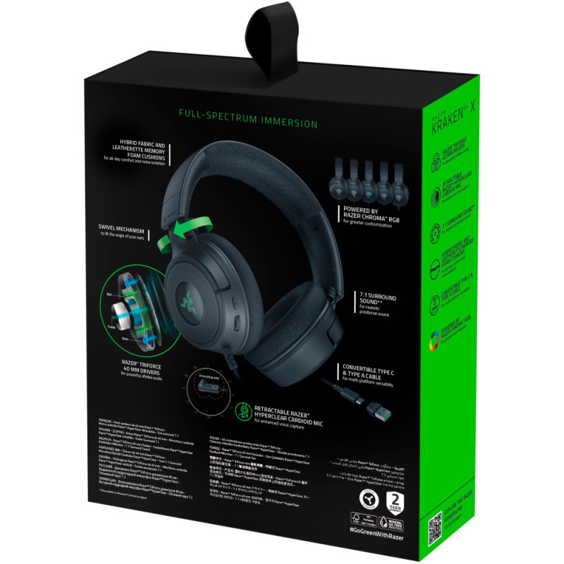 Razer Гарнітура ігрова Kraken V4 X, 7.1, USB-A, 1.8м, RGB, чорний (RZ04-05180100-R3M1)