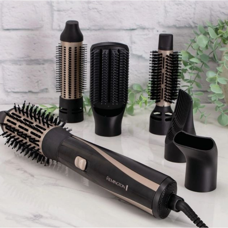 Remington Фен-щітка Blow Dry & Style Caring, 1200Вт, 2 режими, іоніз-я, хол. обдув, кейс для зберігання, кераміка, чорно-золотий (AS7700)