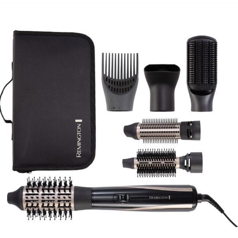 Remington Фен-щітка Blow Dry & Style Caring, 1200Вт, 2 режими, іоніз-я, хол. обдув, кейс для зберігання, кераміка, чорно-золотий (AS7700)