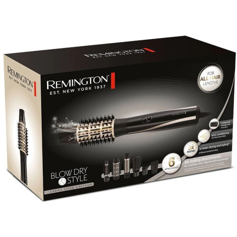 Remington Фен-щітка Blow Dry & Style Caring, 1200Вт, 2 режими, іоніз-я, хол. обдув, кейс для зберігання, кераміка, чорно-золотий (AS7700)